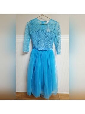 IBTOM Castle Little Big Girls Floral Lace 3/4 Sleeves Floor Length Dress 9/10